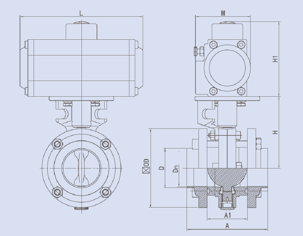 Drawing of Sanitary Pneumatic Butterfly Valves with Control Unit
